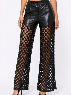 AKIRA Black Faux Leather Lattice Cutout Wide Leg Pants NWT Small